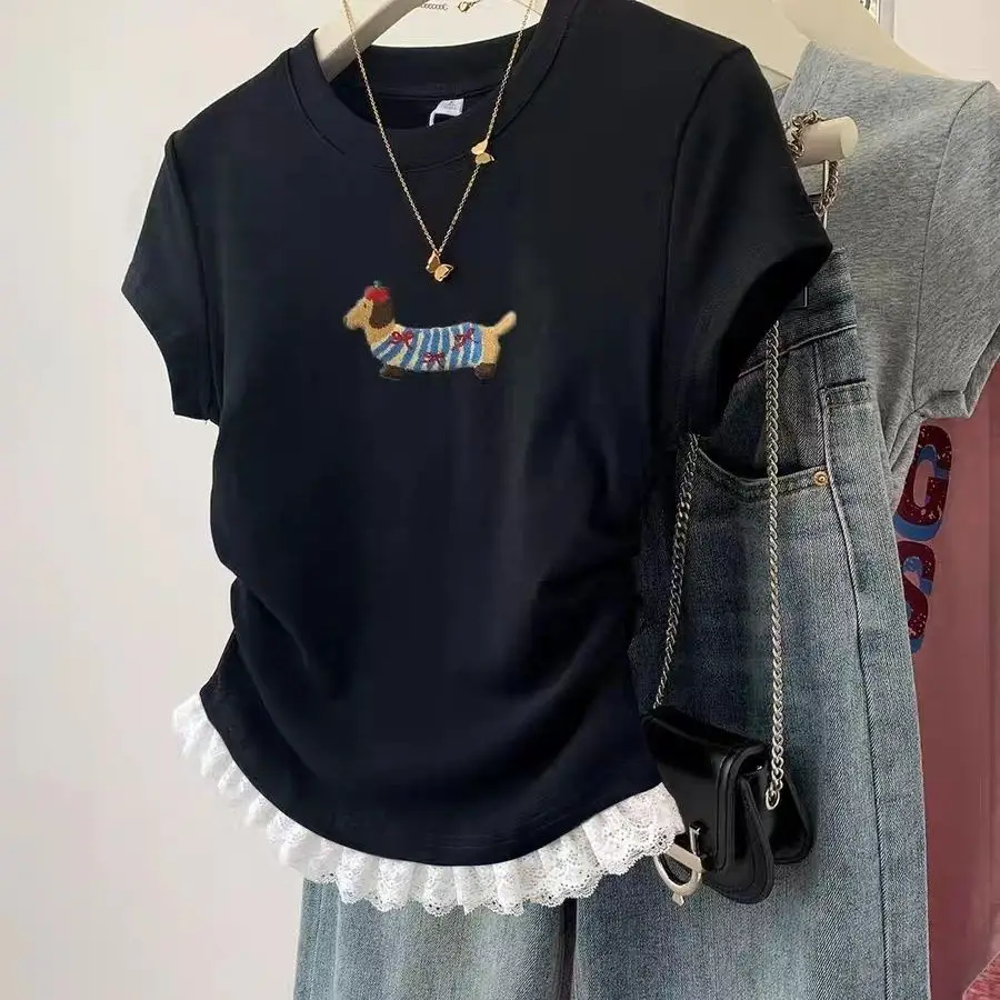 Grey Lace Short Sleeved Shirt Women's Summer Short Crop Top Waist-Cinching Design Cute Dog Graphic Tee Y2K Fashion Top