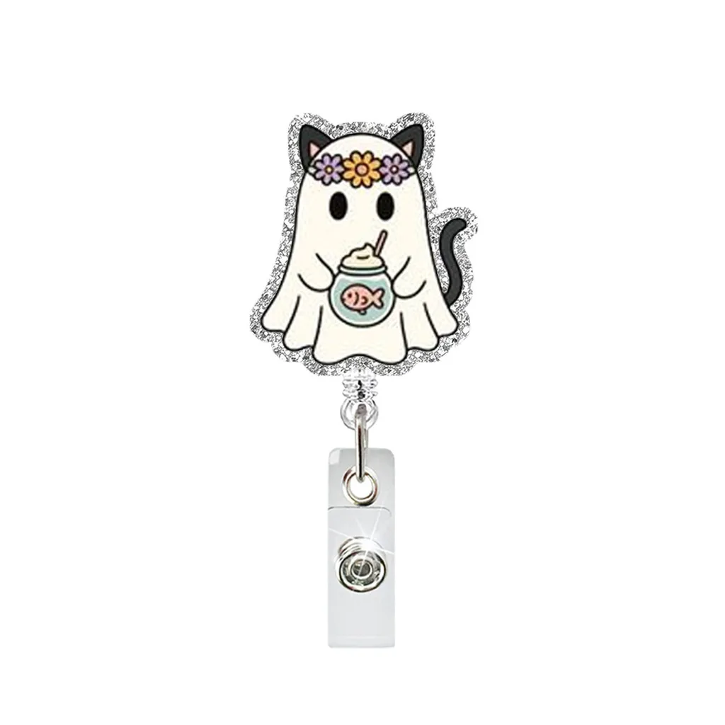Acrylic Badge Holder Halloween Themed Halloween Ghost Badge Reel Black Pumpkin Badge Reel Spooky For Office Access Cards