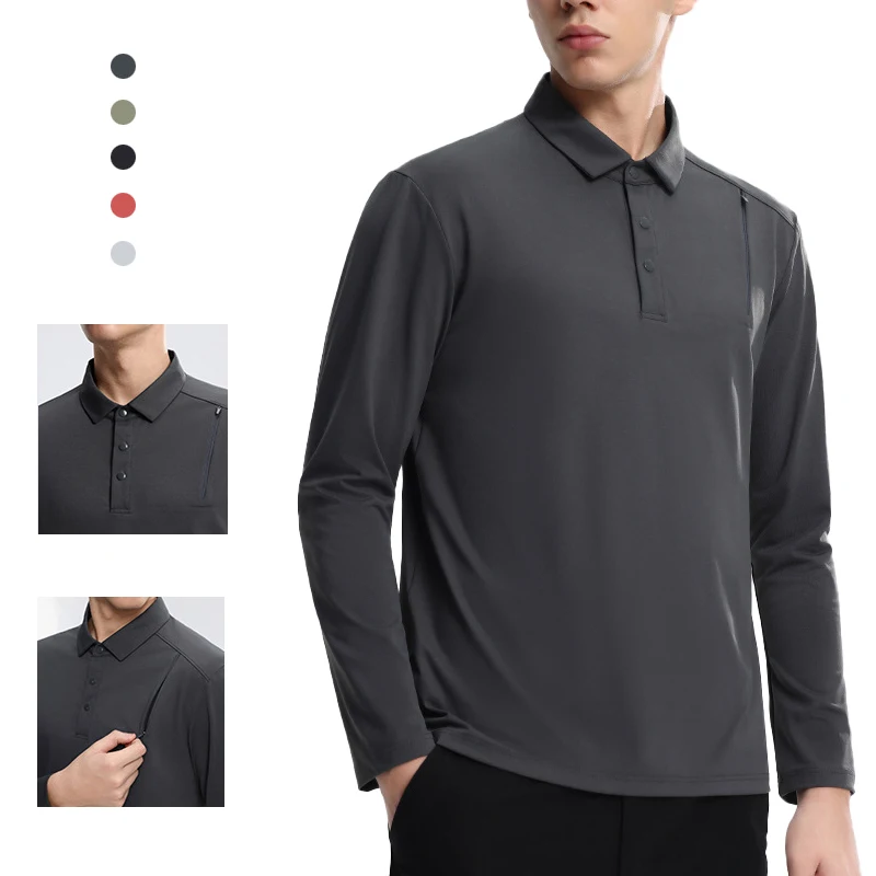 

(M-4XL) Мужская рубашка поло с длинными рукавами для тренировок, деловая рубашка-поло с воротником-стойкой, спортивные топы без морщин для осенне-весенней работы, офиса