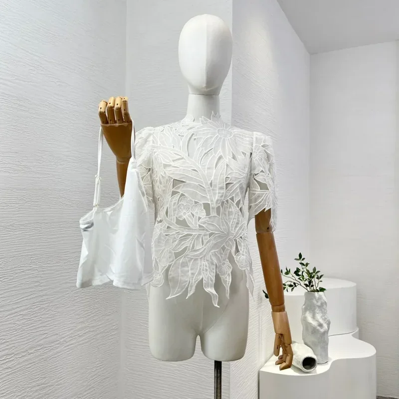 2024 new arrival vintage women White Ramie embroidery floral short sleeve cut out blouse tops