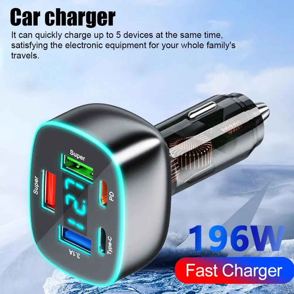 

196W Car Charger 3USB+2PD Fast Charging Intelligent Digital Car Adapter Charger Phone Accessories Display R1R1