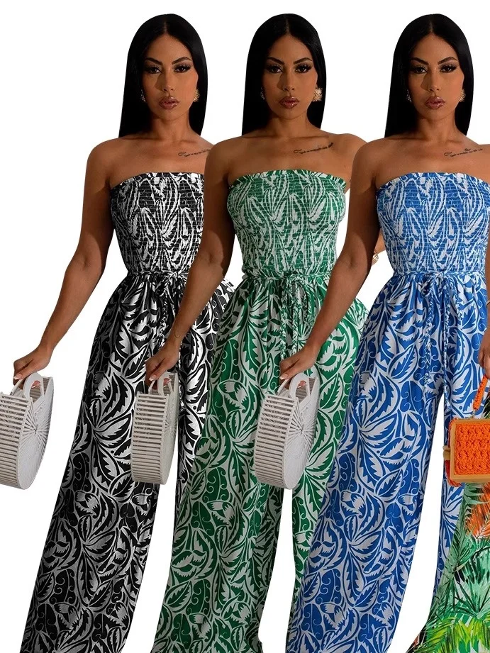 

Сексуальный комбинезон с принтом, с высокой талией, прямые брюки, без бретелек, уличный стиль, полиэстер, летняя коллекция, производство Китай