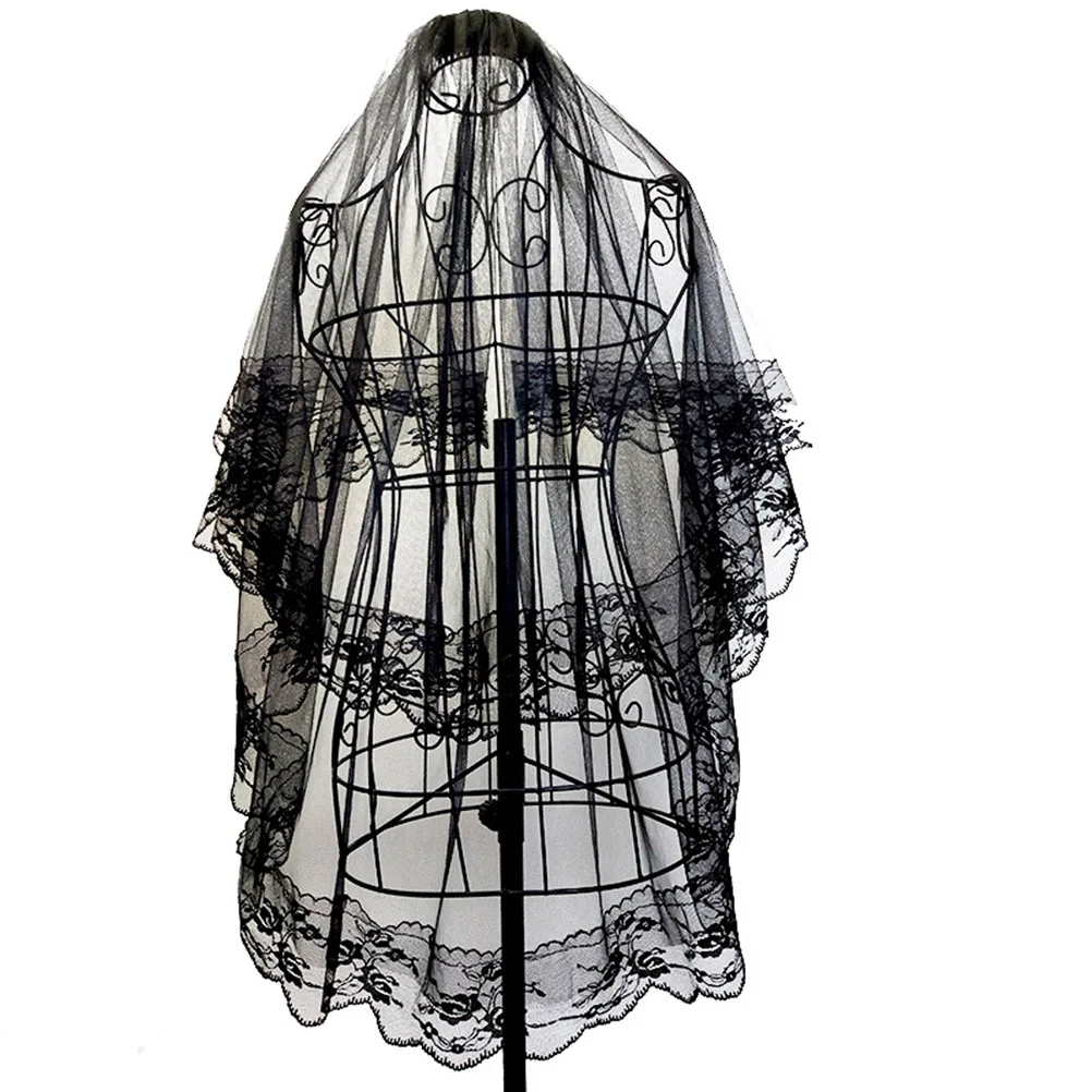 Double Layer Veil com Pente de Cabelo, Black Lace, Wedding Veil, Acessório de Cabelo, Tulle, Sheer, Headwear, Mantilla, 2 Camadas