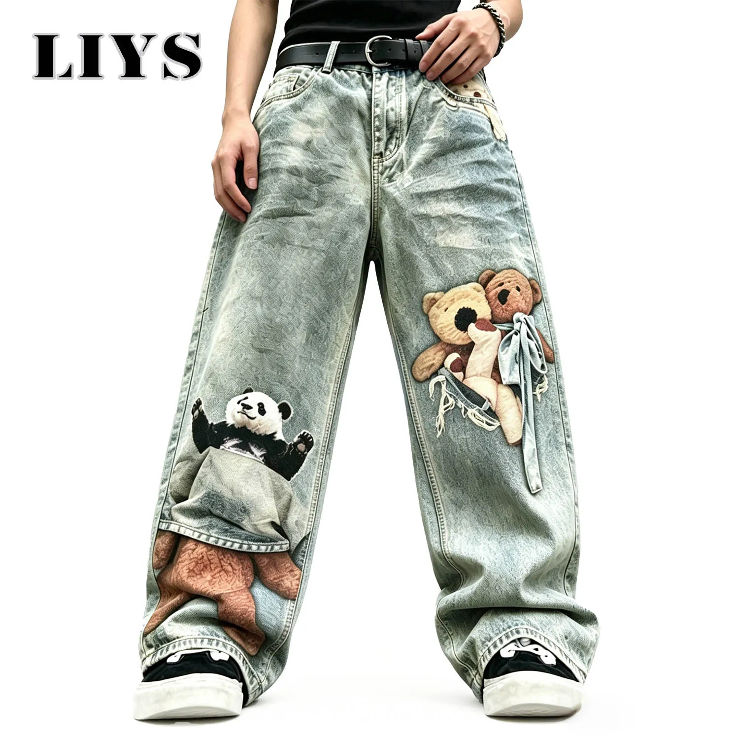 

LIYS American Fashion Brand Doll Panda Teddy Bear Printed Water Washed Wide Leg Jeans Casual Street Retro Sweet Cool Unisex