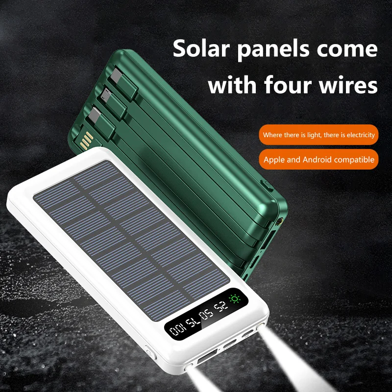 Solar Power Bank 500000mAh Large Capacity Mobile Power Fast Charging Battery With Dual USB 4 Cables For iPhone Samsung