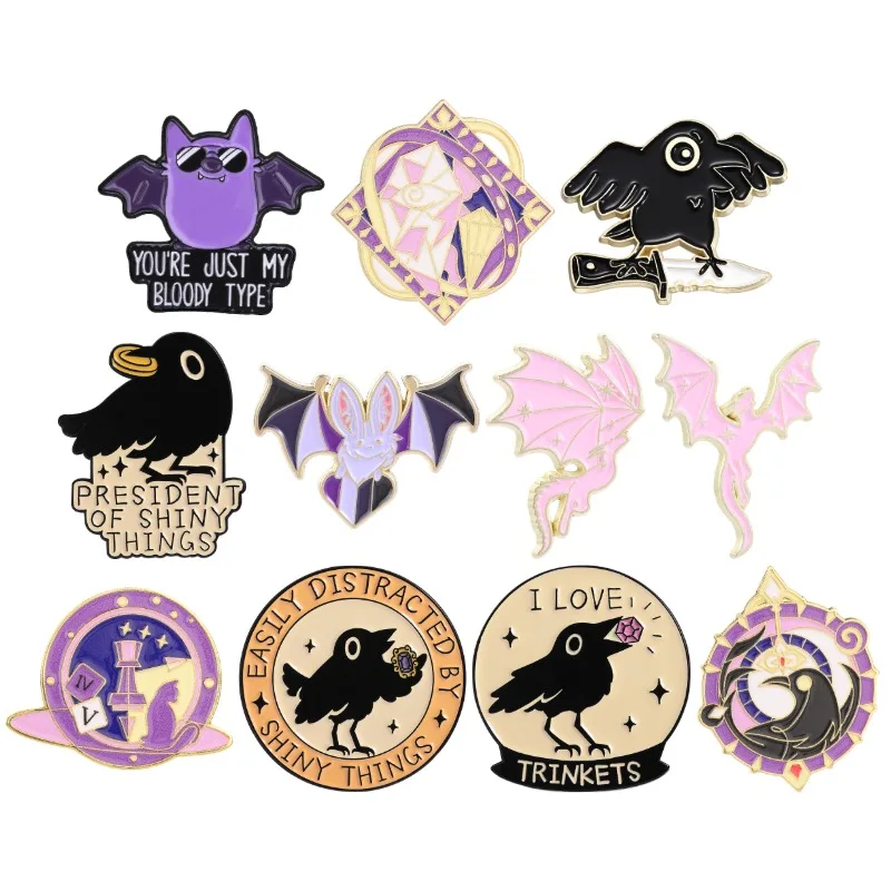 Gothic Dragon Bat Enamel Pins Purple Spooky Tarot Crow Brooches Raven Badges Halloween Vampire Jewelry Gift for Friends