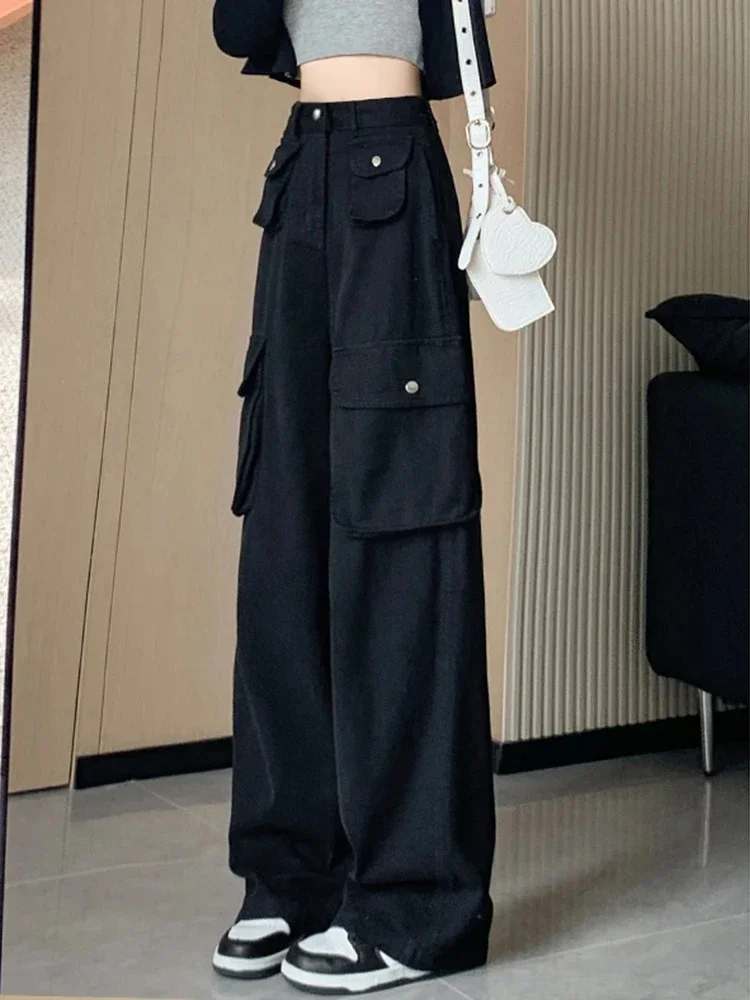 

Fashion Solid Cargo Jeans Women Loose Casual All Match Wide Leg Denim Pants High Waist Pockets Streetwear Button New Trousers