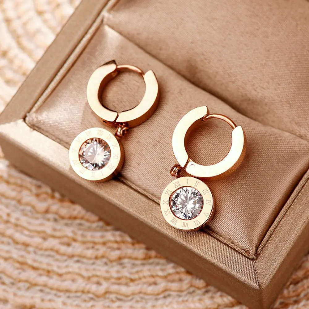 Elegant Fashion Jewelry Titanium Steel Circle Zircon Roman Digital Korean Style Earrings Women Earrings Eardrop Dangle Earrings