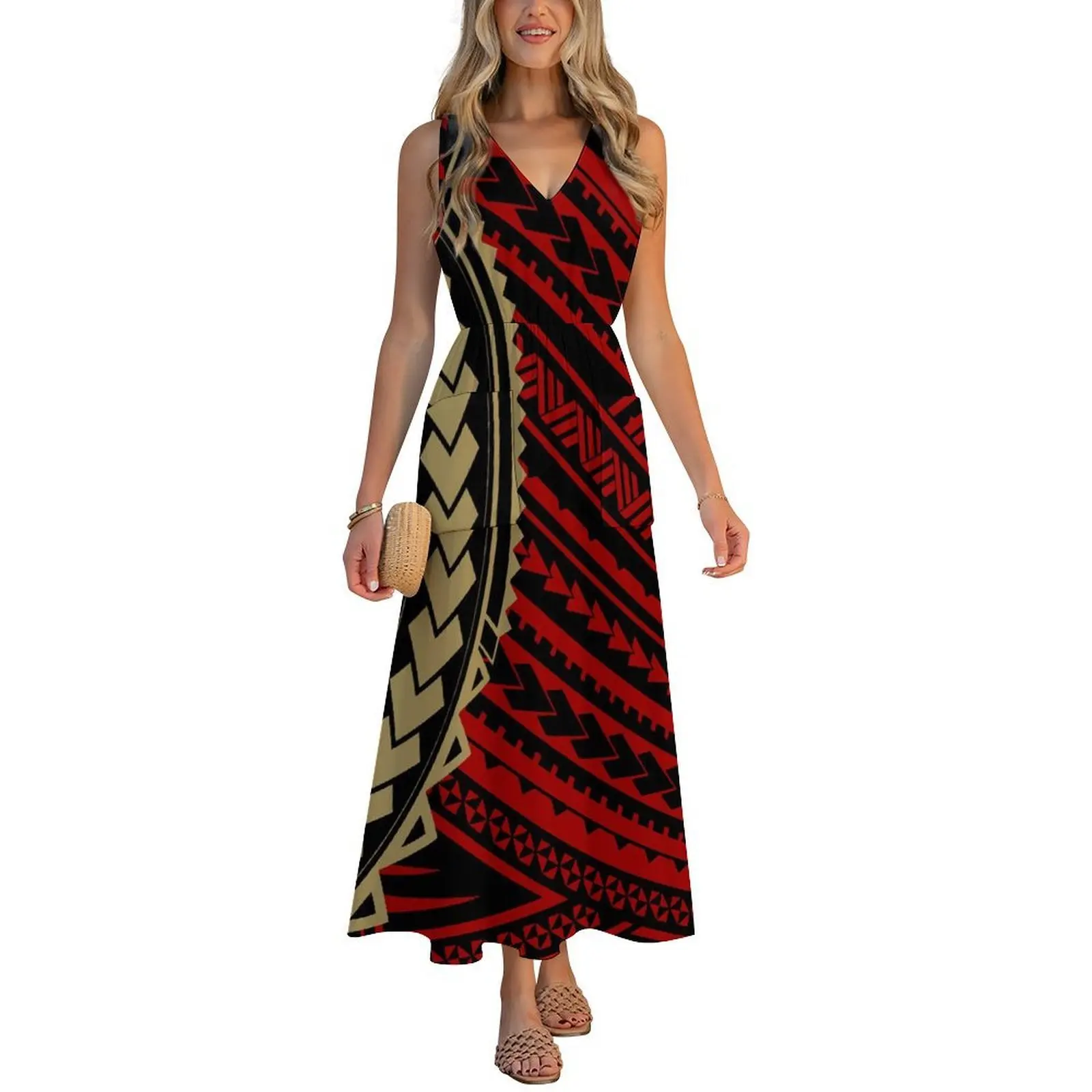 Polynesian-Style Printed V-Neck Vest With I-Shaped Pocket Dress Customizable Pattern Dress