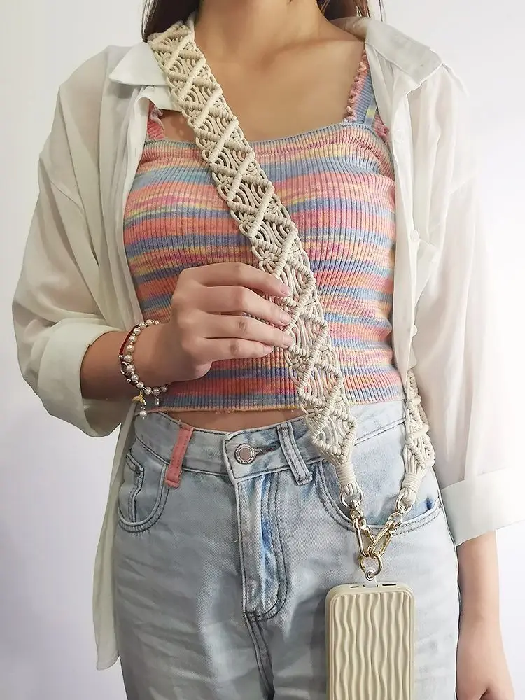 Long Phone Crossbody Lanyard Retro Style Hand Woven Pendant with Hollow Out Anti Loss Diagonal Strap for Mobile Phones Camera