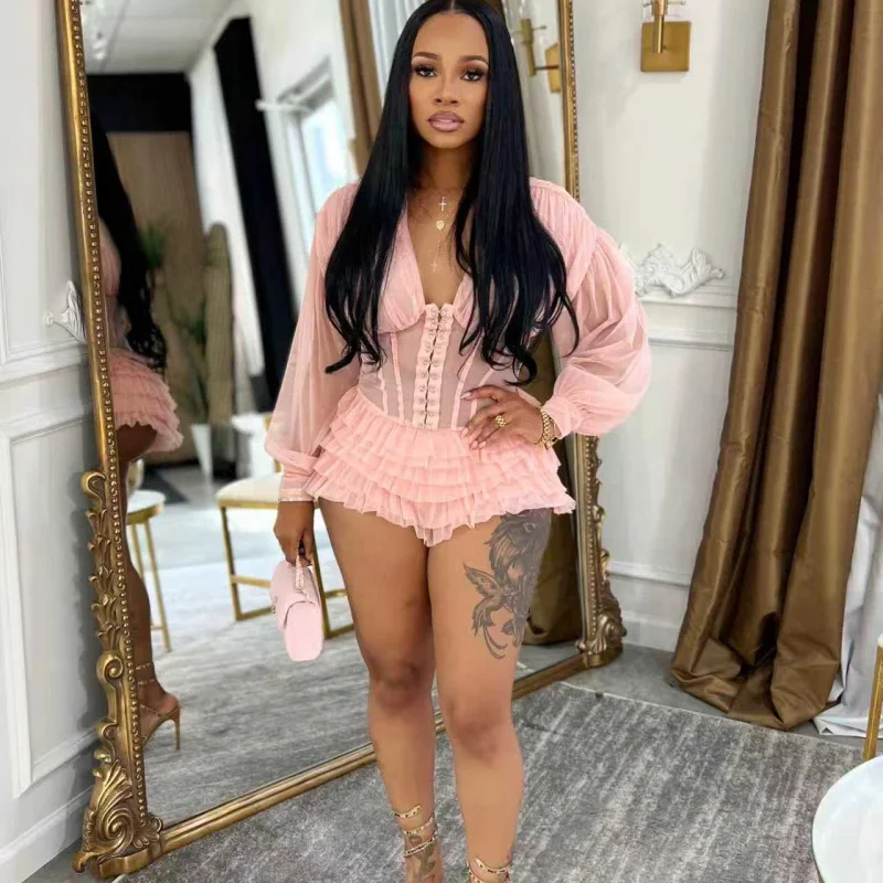 

Сексуальный сетчатый комбинезон-корсет для женщин, готический, с оборками, многослойный, с длинными рукавами, прозрачный боди-комбинезон, брюки-кроссоверы, для вечеринок и ночных клубов