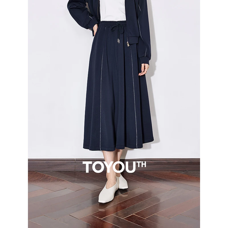 TOYOUTH Women Skirt 2025 Spring New Navy Blue A Line Mid Length Elastic Waist High Waist Umbrella Skirt