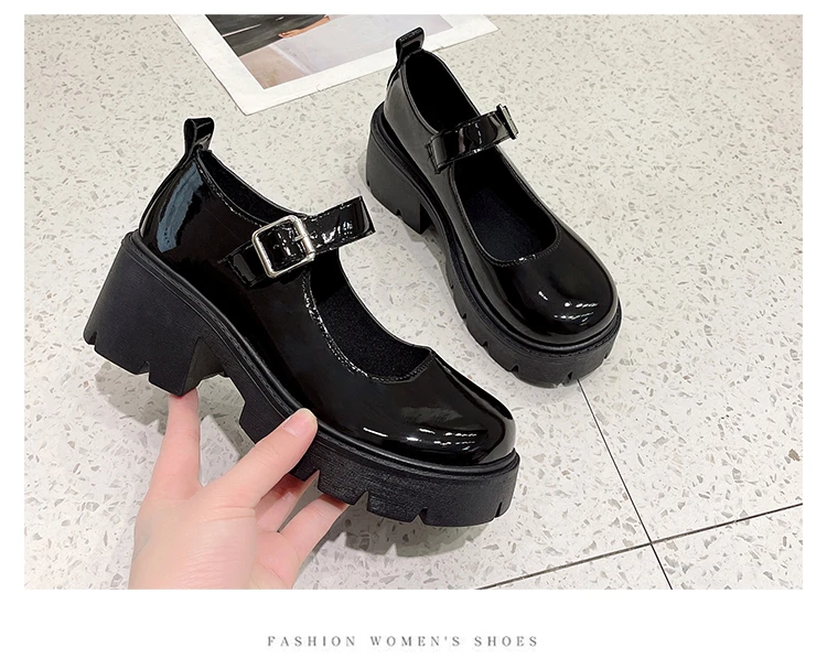 Lackleder High Heels Mary Jane Schuhe Damen Japanischer Stil Knöchelschnalle Plateaupumps Frau Punk JK Uniform Lolita Schuhe 43 – Detail 6