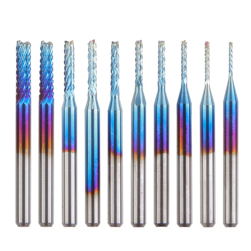 10 Pcs Steel End Mills Set 0.8mm to 3.175mm Blue Coating of for Nano Hard Alloy Corn Milling Cutter for Ste