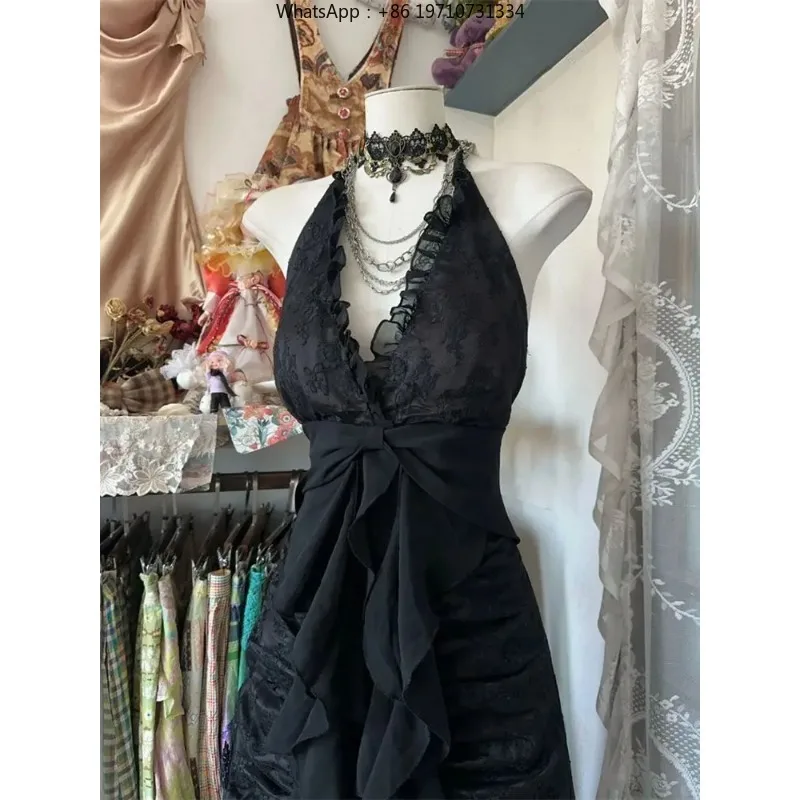 France Vintage Slim Slash Neck Sleeveless Dress Women Gothic  V-neck Black Summer Dresses High Street Chic Skinny Clothing