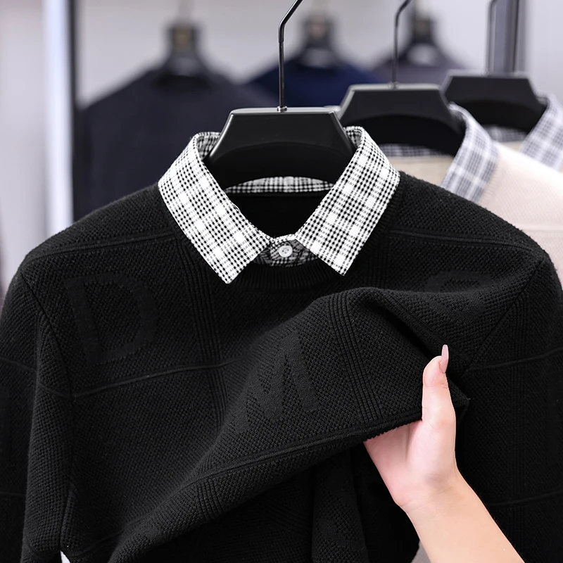 Due pezzi di colletto della camicia da uomo in maglione finto di fascia alta per camicia base lavorata a maglia da uomo con top interno casual da lavoro autunnale e invernale