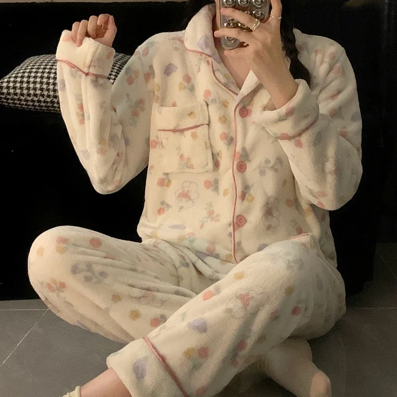 Plus Size New Winter Women\'s Flannel Pajama Suit Coral Velvet Pajamas Long Nightgown Household Suit Plush Thicken Korean Fashion