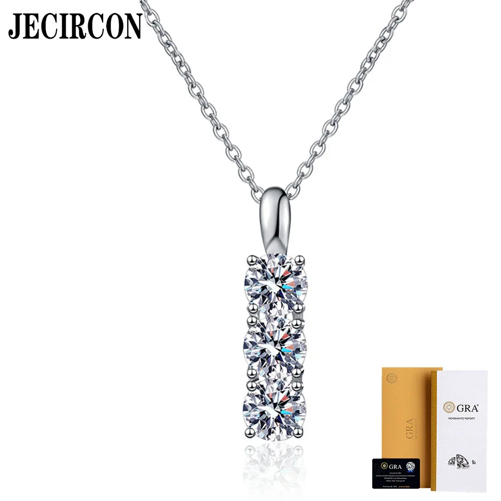 

JECIRCON Sparkling Moissanite Necklace for Women S925 Sterling Silver Triple Stone Simple Ffashionable 1.5 Carat Pendant Jewelry