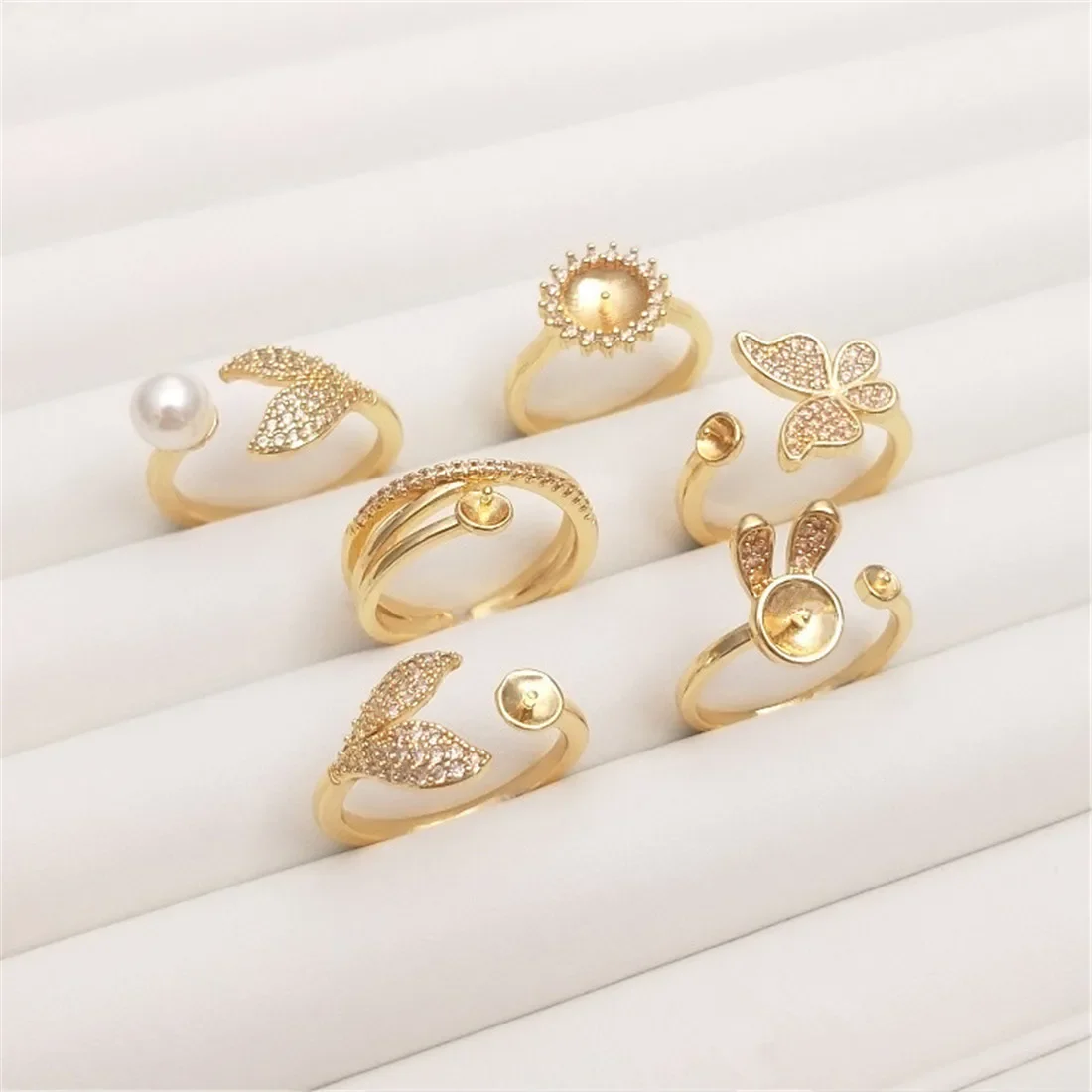 14K Gold Wrapped Crystal Pearl Set Ring with Zircon Butterfly Fishtail Ring Advanced Handmade Adhesive Bead Set B684