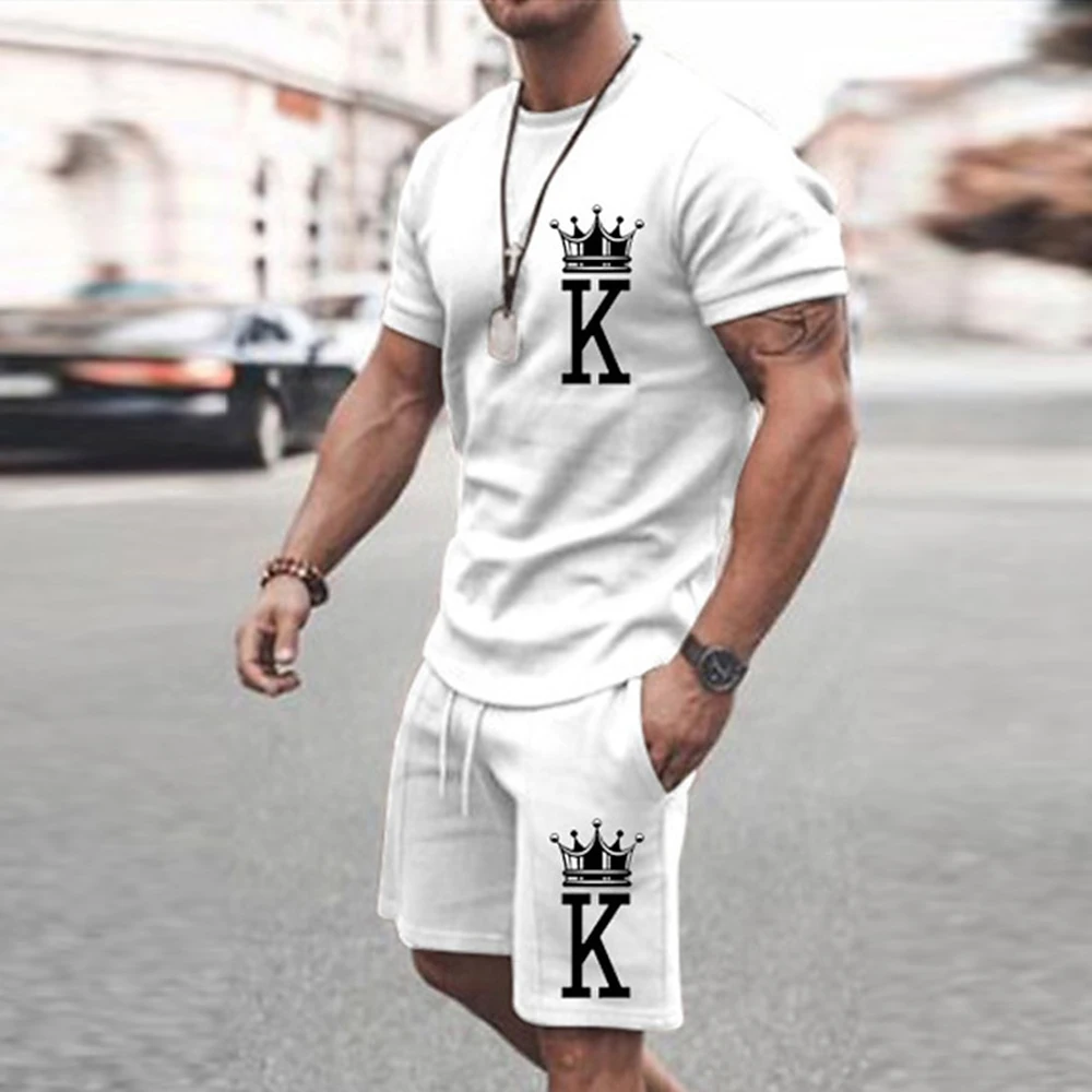

2025 Summer New Men's Summer Leisure Sports Running Set Loose Men's Refreshing Top Y2K Style 3D Poker King Fashion Set Lightweig