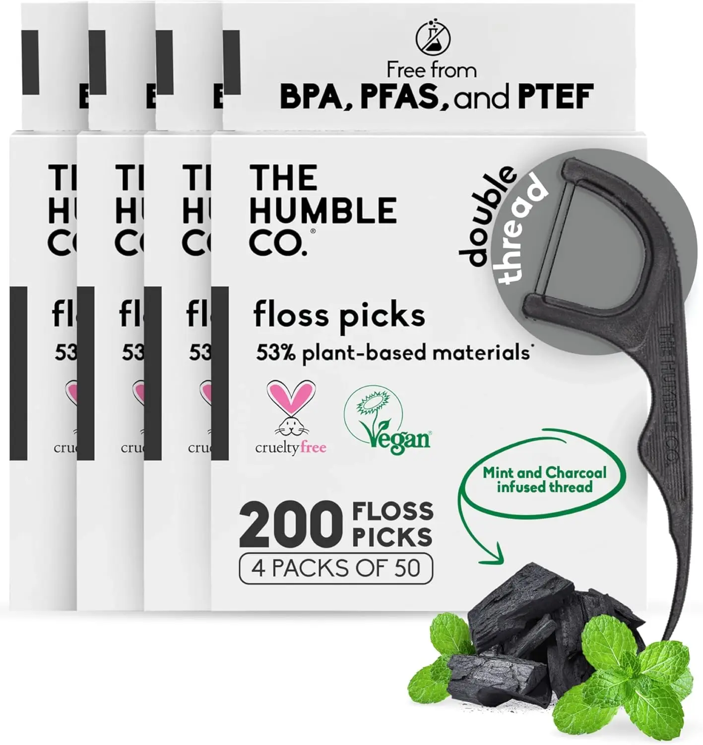 200 Plant-Based Dental Floss Picks – Double Thread, Charcoal & Mint, Eco-Friendly Oral Care
