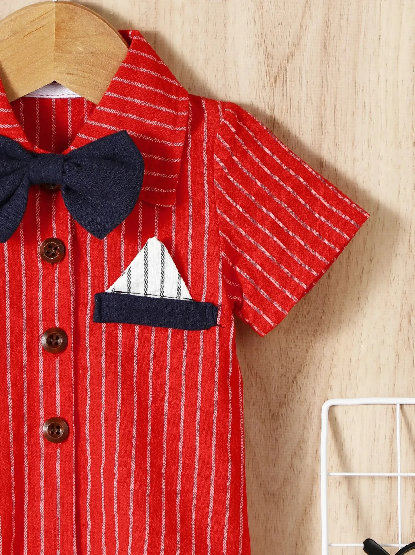 Summer Baby Boy Casual Gentleman Striped Bow Turn-Down Collar Romper Jumpsuit