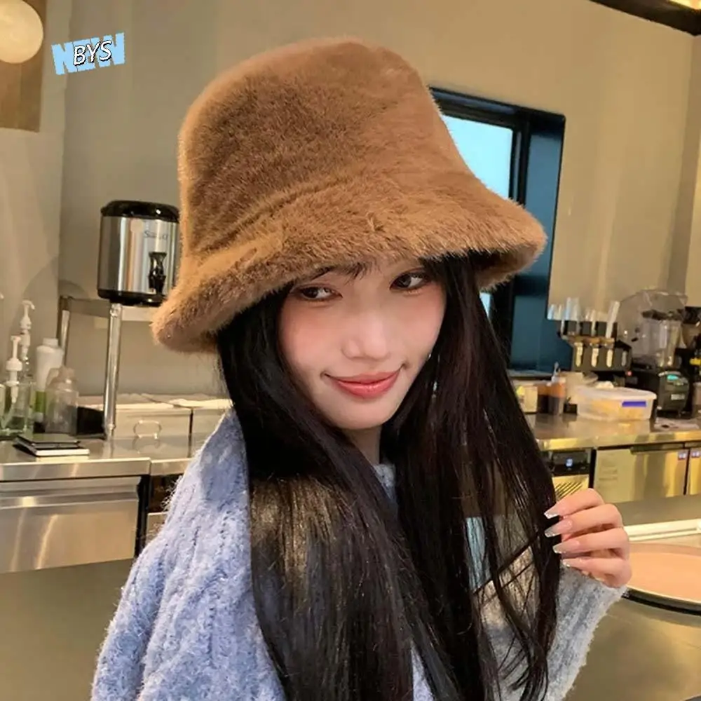 

Temperament Plush Basin Cap Imitation Mink Fur Warmer Winter Fisherman Hat Soft French Style Anti-cold Bucket Hat Outdoor