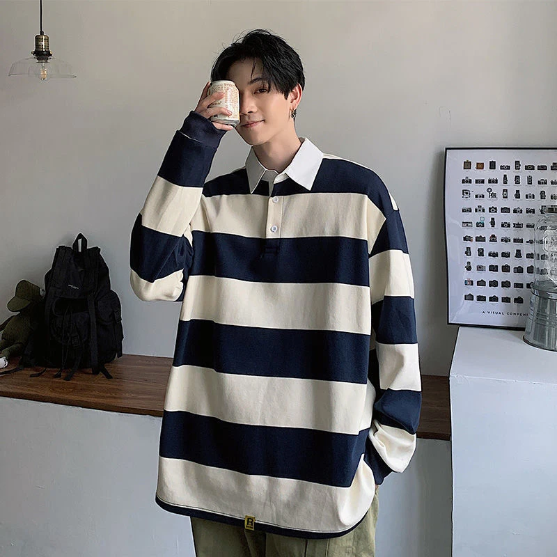 Yellow White Striped Vintage Polo Thin Casual 2022 Hoodie Long Sleeve Summer Spring Men Oversized Harajuku Korean Fashion Tops