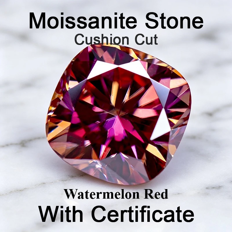 Moissanit-Stein im Kissen-Schliff, Wassermelonenrot, Edelstein für DIY-Schmuckherstellung, besteht den Diamanttest mit Zertifikat – Detail 1