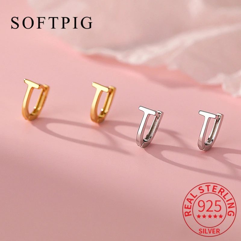 SOFTPIG 100% 925 Sterling Silver Letter T Huggies Hoop Earrings for Women Classic Fine Jewelry Minimalist Accessories