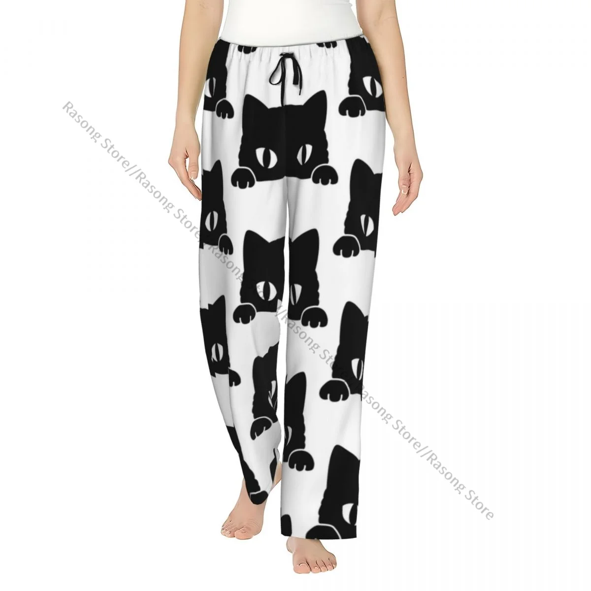 

Women Flannel Lounge Pants Soft Cartoon Black Cat Pajama Pants Winter Sleepwear