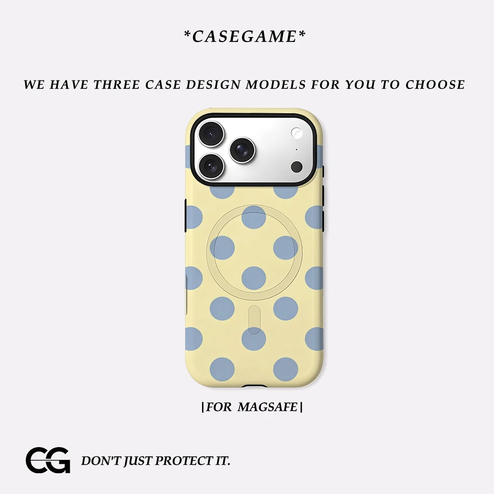 Casegame Matte Bumper für MagSafe Hülle für iPhone 17 16 15 14 Plus 13 Pro Max Stoßfeste Harte PC-Hülle Gelb Blaue Punkte Cover