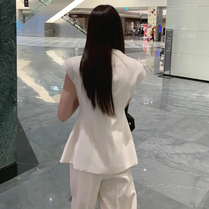 Spring Summer New 2024 Woman Sets V-neck Single Breasted Chaqueta Mujer + High Waist Wide Leg Pantalones Korean Chic Suit