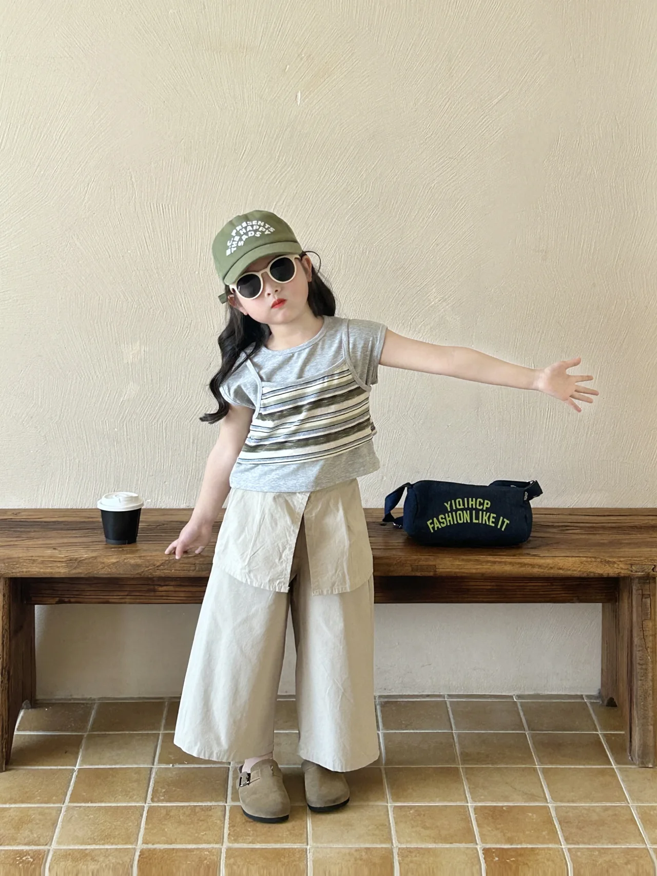 Girls' Korean Fake Two-piece Short-sleeved T-shirt 2025 Summer New Children's Casual Korean Cotton Pants