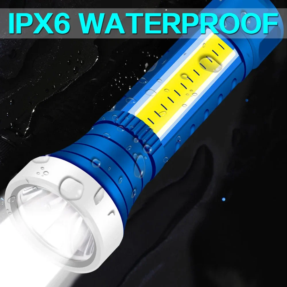 Powerful LED Flashlight Portable 4 Modes USB Rechargeable Flashlights Waterproof Torch with COB Side Light and Built-in Battery
