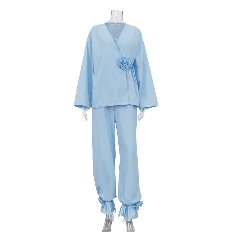 

Shpmishal Women's Floral Applique Knit Set V Neck Long Sleeve Cardigan Wide Leg Pants 2 Piece Outfits Casual Loungewear