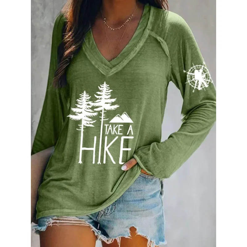ilstile Women's Take a Hike Forest Print T-Shirts Autumn Summer Long Sleeve Casual Loose V Neck Tops Green Tees New Arrival