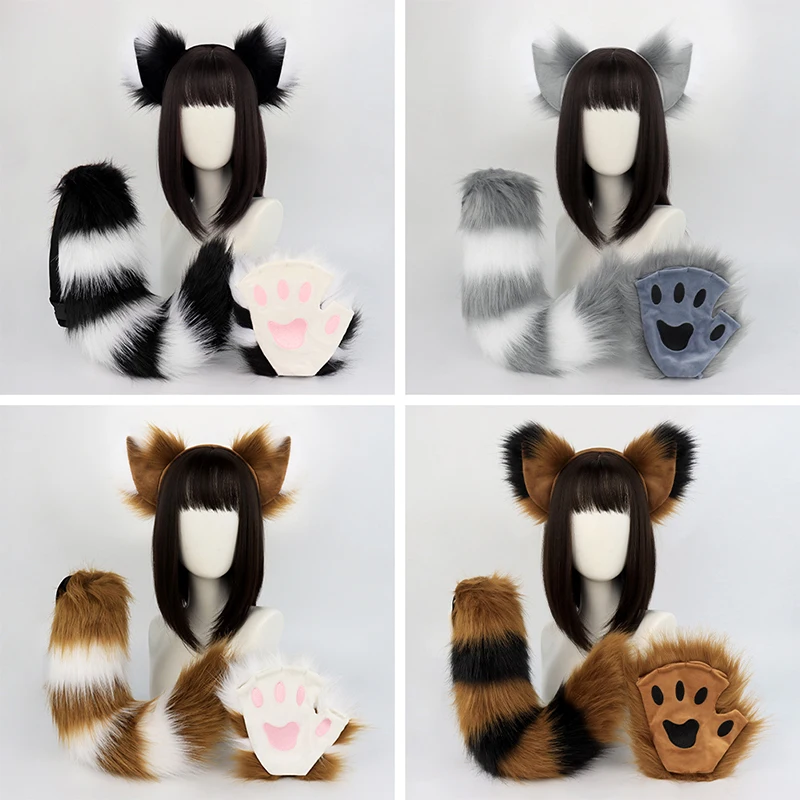 

Пушистый костюм енота, комплект из 3 предметов: уши животных, хвост и перчатки для Хэллоуина, косплея и вечеринок