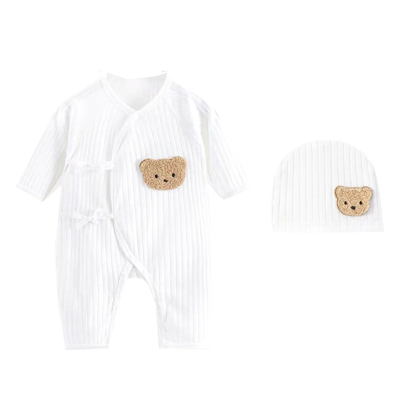 Breathable Newborn Bear Jumpsuit Hospital Hat Spring Outfit Long Sleeves Bodysuits for Baby Girls Boys Unisex Coveralls