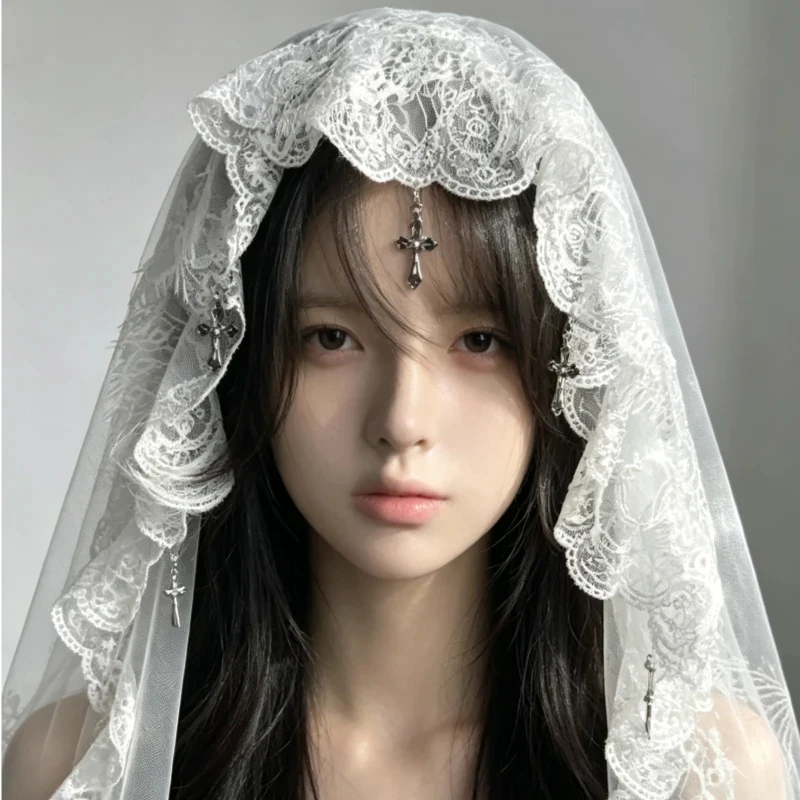 Y2K Gothic Lace Cross Vintage Bandana Headpiece Dark Lolita Tulle Head Cover Halloween Cosplay Dark Aesthetic Hair Accessories