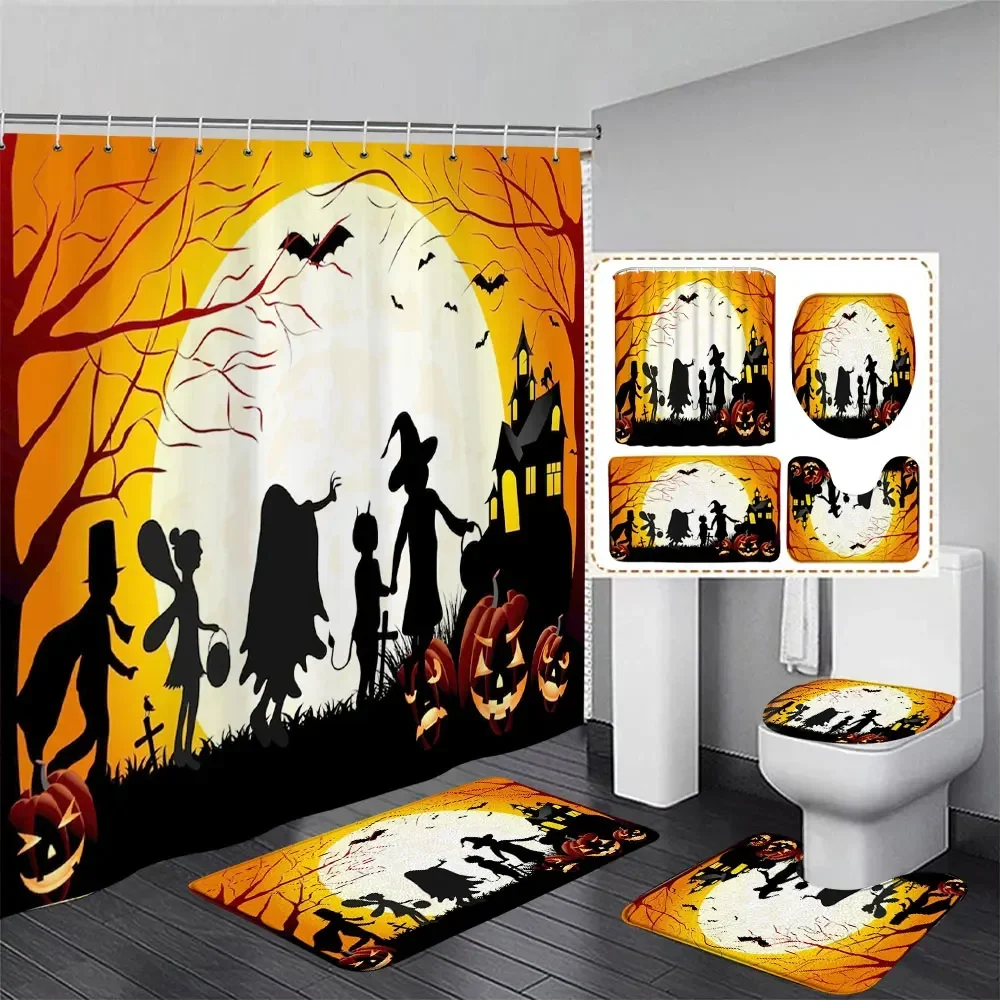 Halloween Shower Curtain Rug Set Ghost Pumpkin Skeleton Halloween Theme Cartoon Shower Curtains Holiday Home Bathroom Decoration