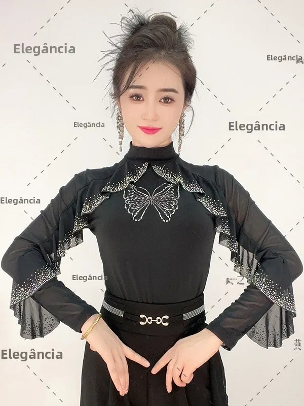 ファッショナブルなスタンドカラースクエアダンスボディスーツ-レディース-長袖-キラキラ輝くラインストーン装飾ダンストップス-スリムフィット-ポリエステル