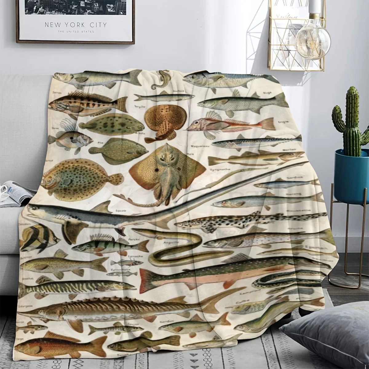 1 Modern Fish Collection Flannel Fleece Blanket - All Seasons Polyester Knit Digital Print Stain Resistant Lightweight