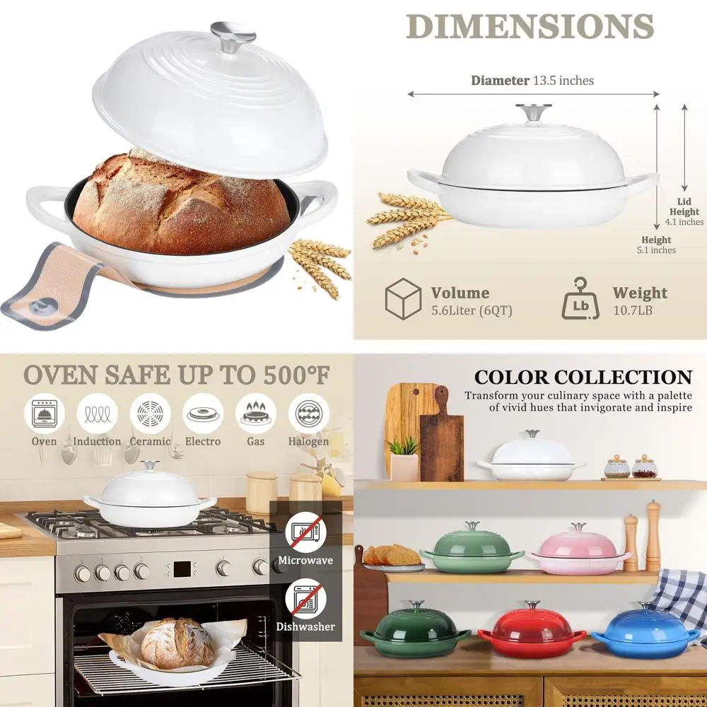 

White 6-Quart Cast Iron Dutch Oven with Lid and Non-Stick Silicone Baking Mat for Sourdough Bread Baking