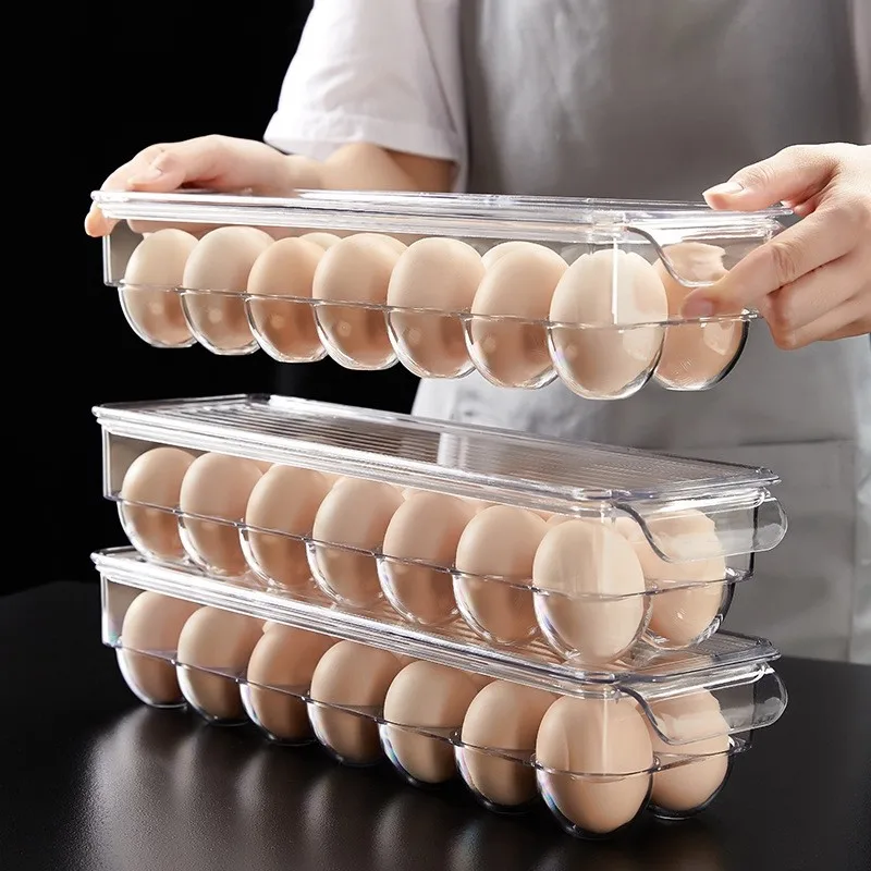 DT81 Stackable 14-Slot Egg Holder with Lid for Refrigerator - Transparent Plastic Egg Storage Box