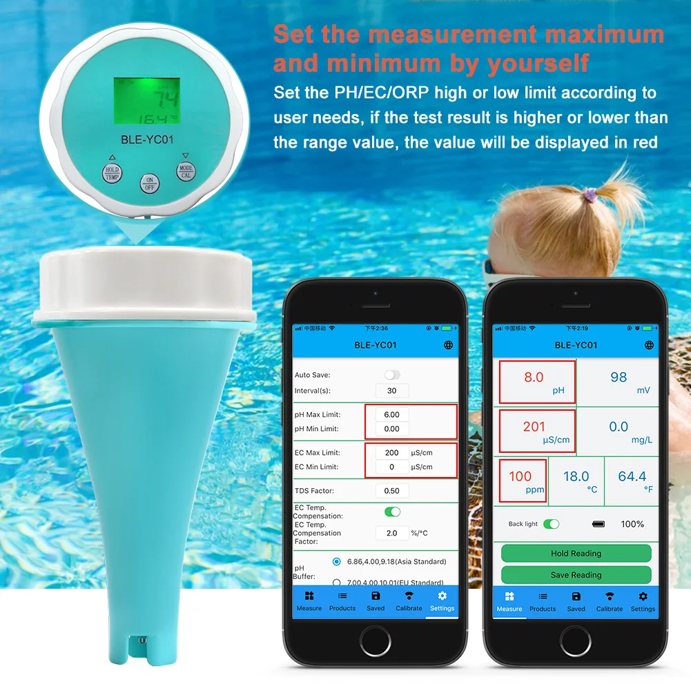 Yieryi New Blutooth Chlorine Meter for Chlorinated Aquarium Pool Fish Tank Water Professional PH ORP EC TDS CL Floating Monitor