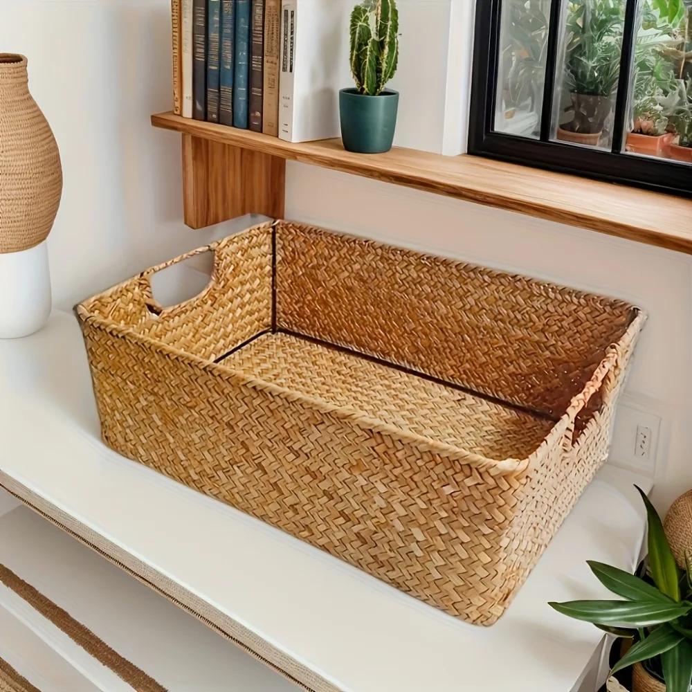 Cesta de Almacenamiento de Mimbre Tejida a Mano, Cesta Rectangular de Mimbre con Asas para Organizar Armarios y Estantes del Hogar