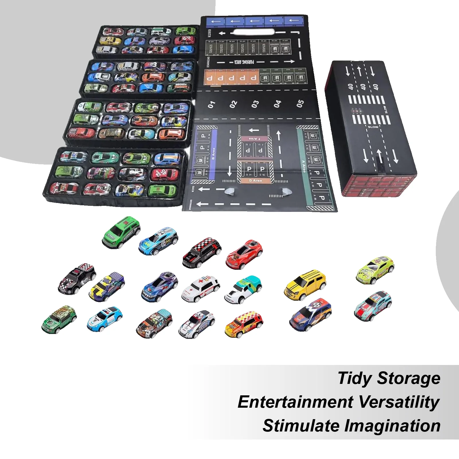 Macchinine giocattolo da tirare indietro 48 pezzi Veicoli in metallo con garage incorporato Macchinine pressofuse per bambini Aula di viaggio di compleanno di Natale