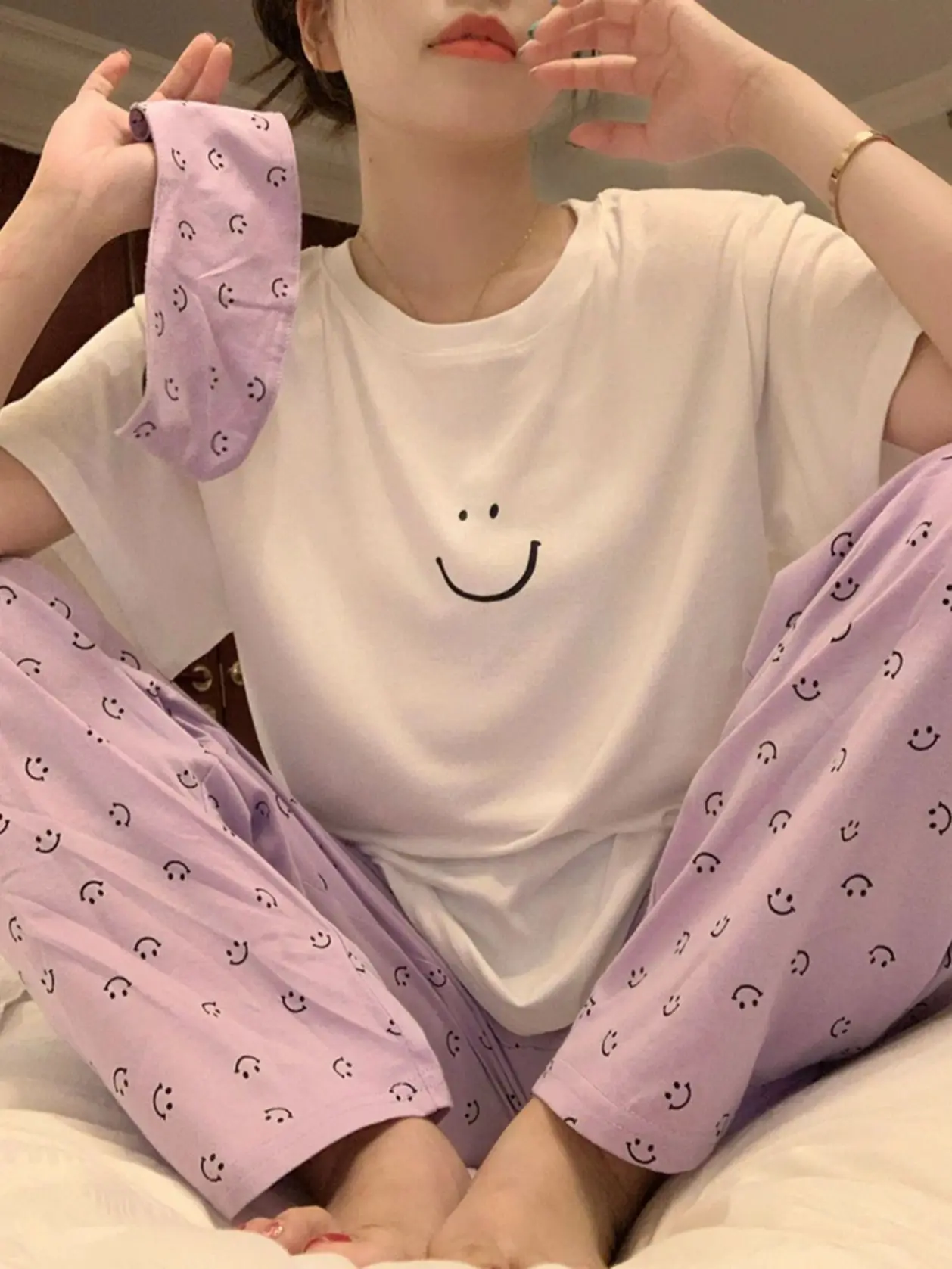 Trendy Smiley Face Print Short Sleeve Pajamas Women\'s 2024 New T-shirt Long Pants Loungewear Casual Set Ins Korean Style