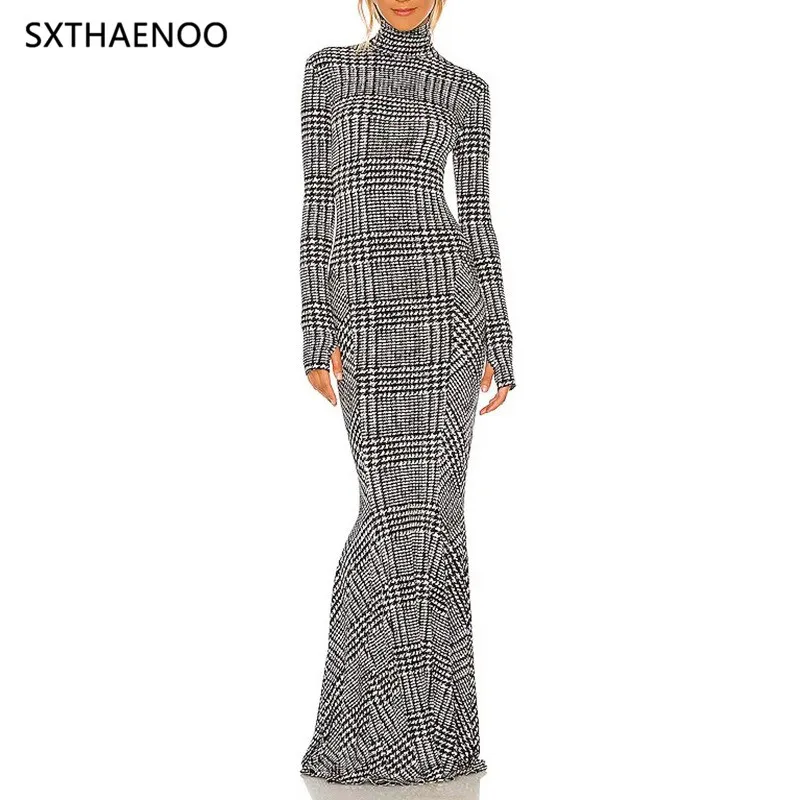 

SXTHAENOO 2025 Autumn New Fashion Plaid Contrast Color Long Sleeve Knitted Dress For Women Slim Fit Casual Dresses Female